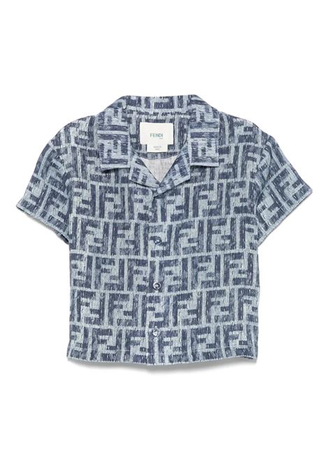 Camicia In Lino Blu Con Logo FF All-Over FENDI KIDS | BMC083-AUK2F1I11
